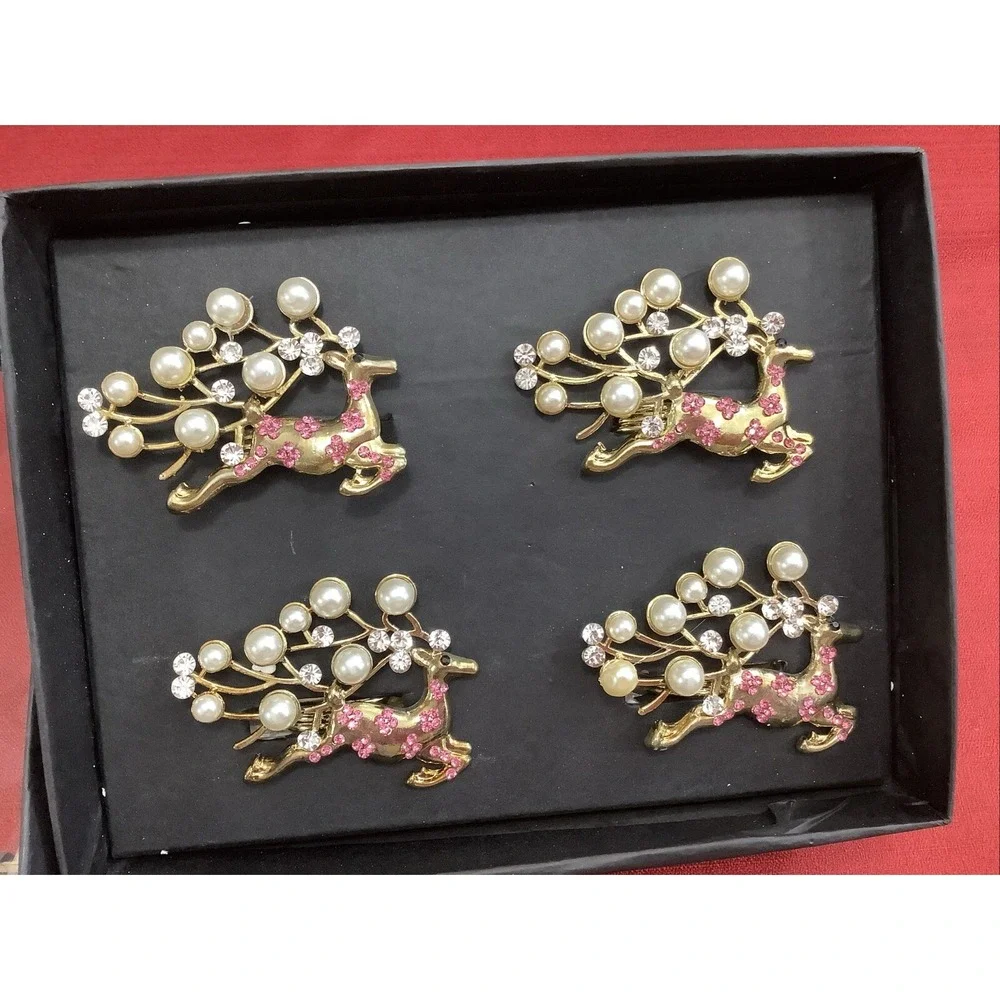 Rachel Zoe Napkin Rings Reindeer Pearls Rhinestones New Set Of 4